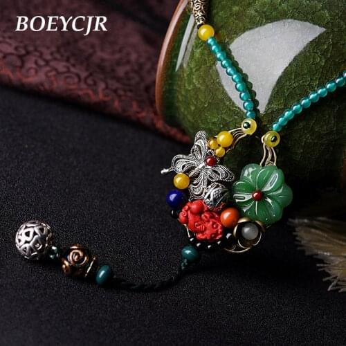BOEYCJR Retro Ethnic Glass & Natural Stone Necklace Handmade Jewelry Rope Chain Vintage Pendant Necklace for Women Gift