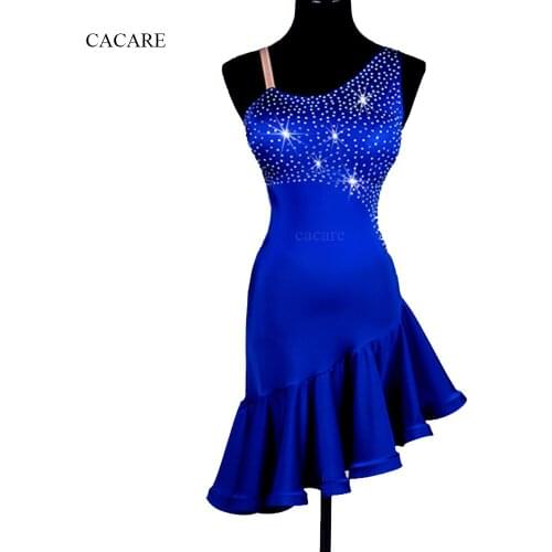 Latin Dance Dress Women Fringe Salsa Dress Gatsby Flapper Samba Dress D0988 Royal Blue with Ruffled Hem Rhinestones Backless