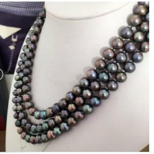 Triple strands 10mm tahitian tmulticolor pearl necklace17"-19" YELLOW CLASP