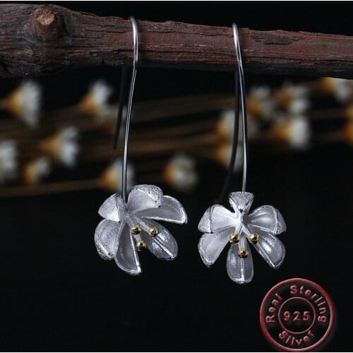 Amxiu Handmade 925 Silver Flower Dangle Earrings Two Tones Color Hooks Earrings for Lovers Girls Wedding Party Jewelry Bijoux