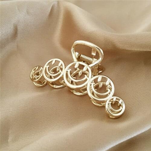 Cute Gold Color Plating Smiley Decorated Hair Claws For Women Girl Elegant Gorgeous Lovely Trendy Pretty Cheer Up Accessory