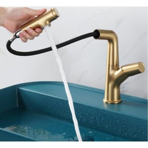 Bathroom Faucet Brush Gold Basin Faucet Cold And Hot Water Mixer Sink Faucet Tap Rotation Slid Up and Down Pull Out Mixer