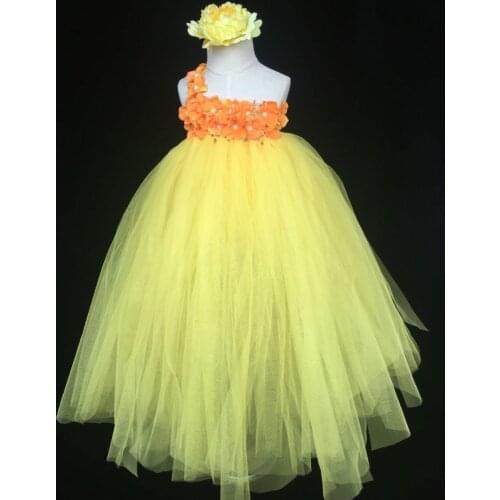 Girls Yellow Crochet Tutu Dress Baby Fluffy Tulle Dress Single Shoulder Ball Gown with Flower Headband Kids Costume Party Dress