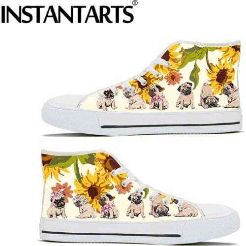 INSTANTARTS Yellow Sunflower Cute Boston Terrier Printing Casual Canvas Vulcanized Lace-up Ladies Shoes High Top Womens Sneaker