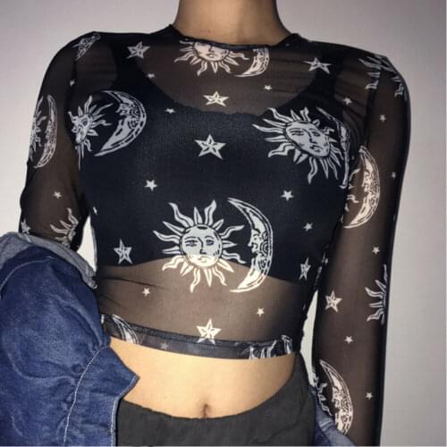 Women Sexy Lace Mesh Tops Net See Through Long Sleeve T-Shirt Transparent Sun Moon Star Print Tee Femininas Clubwear Basic Top