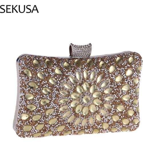 Flower Rhinestones Women Evening Bags Acrylic One Side Diamonds Party Handbags Chain Shoulder Messenger Purse