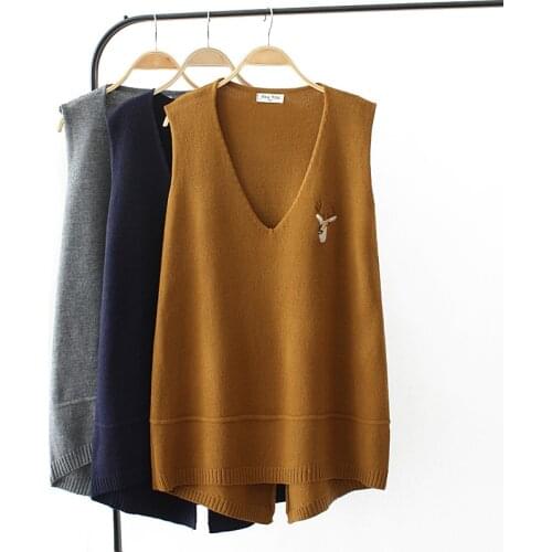Plus size spring vest sleeveless sweaters 2018 dark blue gray Khaki Embroidered knitted V neck wool female top wear Pullovers