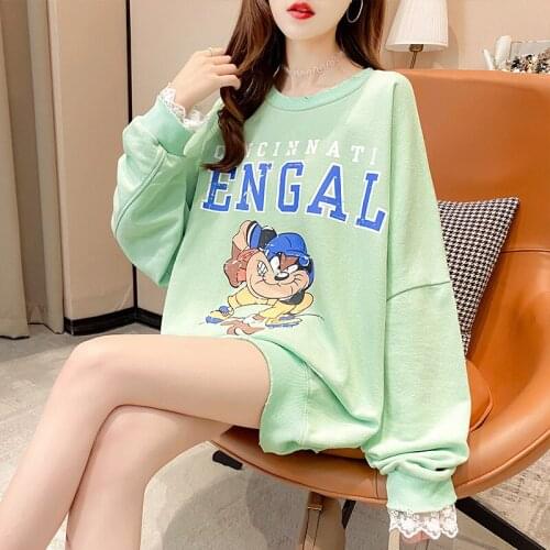 New O-neck Green Sweatshirt Women Spring Autumn Loose Plus Size Sweatshirt Women Lazy Korean Print Long Sleeve Thin Streetwear