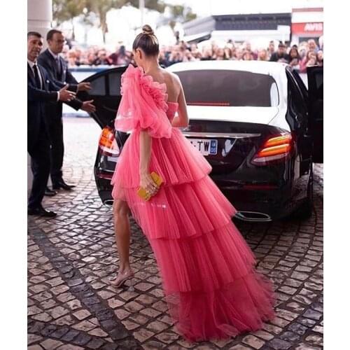 One Shoulder Peach Red Tulle Prom Dresses for Women 2020 Tiered Hi-Lo Zipper Back Long Party Gown Evening Dress vestidos