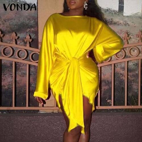 Women Dress Sexy Long Sleeve Party Mini Dresses 2021 VONDA Casual Belted Sexy Package Hip Dress Clubwear Vestidos Oversized Robe