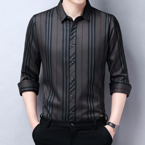 2020 High-end British Silk Plus Size Cotton Spring New Autumn Winter Long-sleeved Shirt Middle-aged Fashion Casual Bright Stripe