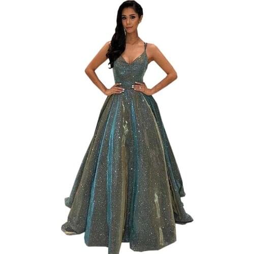 2021 Sparkly Glitter V Neck Prom Dresses Sleeveless Spaghetti Straps Criss Cross Back Formal Evening Party Gowns Robe De Soiree