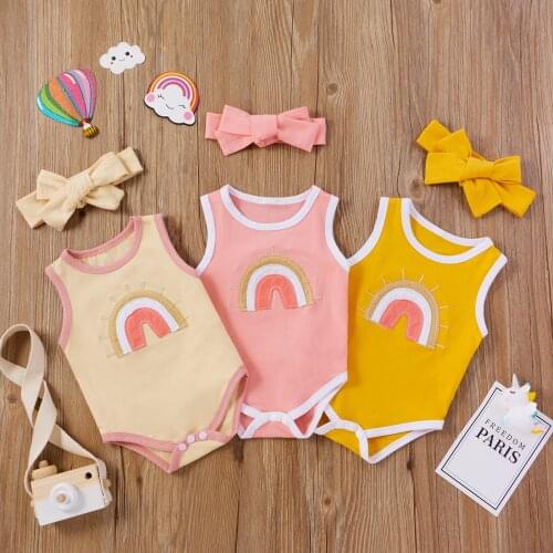 Newborn Infant Baby Boy Girl Bodysuit Summer Button Jumpsuit Rainbow Printed Casual Sleeveless Backless Solid Outfits Clothes