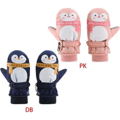 Baby Kids Boy Girl Cartoon Penguin Waterproof Gloves Double Layer Ribbed Cuff Adjustable Anti-Slip Winter Ski Mittens 7-12T