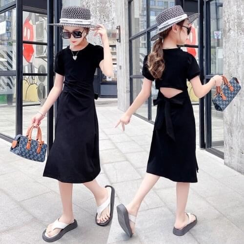 Kids Summer Dresses New Black Pink Casual Back Bowknot Sexy Split Long Dress Children Clothes Teen Kids Clothing 6 8 12 13 14Yrs