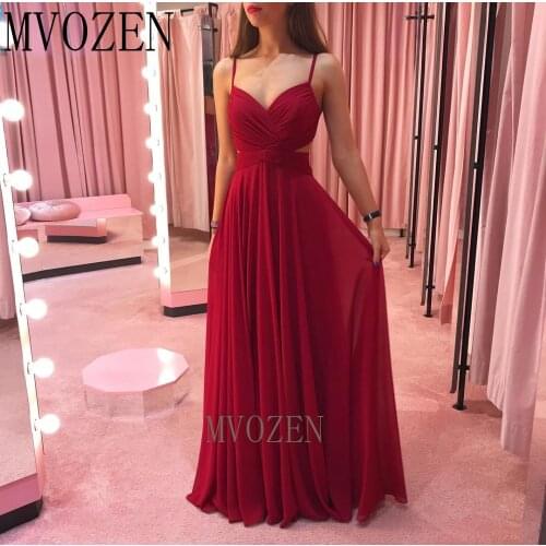 Red Evening Dresses Chiffon A-Line Spaghetti Strap Pleat Long Evening Dress Backless Floor Length Formal Gowns Party Dress Vesti