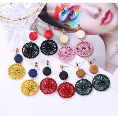 HOCOLE New Korean Wooden Round Drop Earrings For Women Za Hollow Mesh Wood circle Dangel Earring Female Jewelry 2019 Brincos