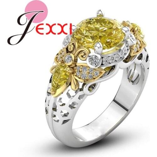Trendy Style Insect Finger Rings For Sale 925 Sterling Silver Big Yellow Cubic Zirconia Noble Finger Rings For Mothers Gifs