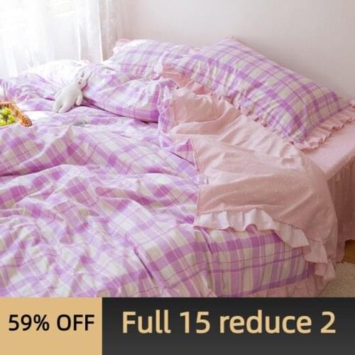 Four-piece set of washed cotton bed fairy lattice Korean style yarn-dyed quilt cover bed sheet lace student bedroom three-piece