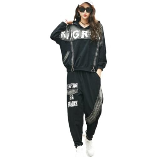 Spring Hip Hop Hoodie Two Piece Sets Korean Fashion Ladies Tops Harem Pants Womens Clothing Tracksuit Vintage Printed Outfits