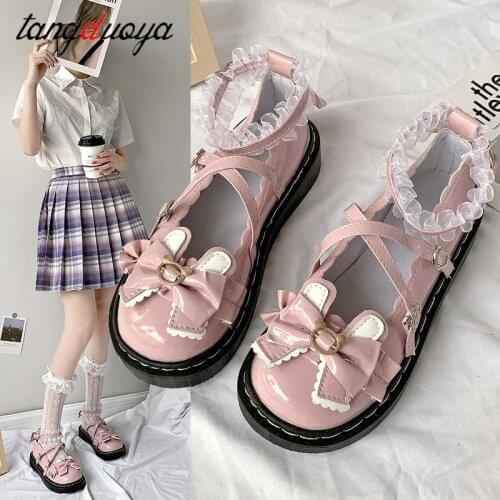 Sweet lolita shoes pink white black bow Harajuku shoes women cute shoes korean women shoes round head kawaii shoes students