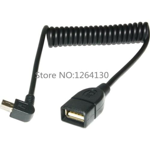 Mini USB 5pin 90 Degree Left Angle to USB 2.0 A Female Coiled Cable Spring Cable with OTG Function for U disk in the Car 1m