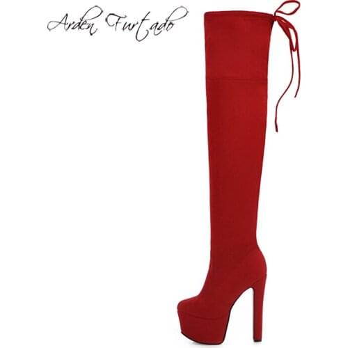 Arden Furtado Fashion Womens Shoes Winter Pointed Toe chunky Heels Sexy Ladies Boots platform stretch Thigh High Boots 44 45