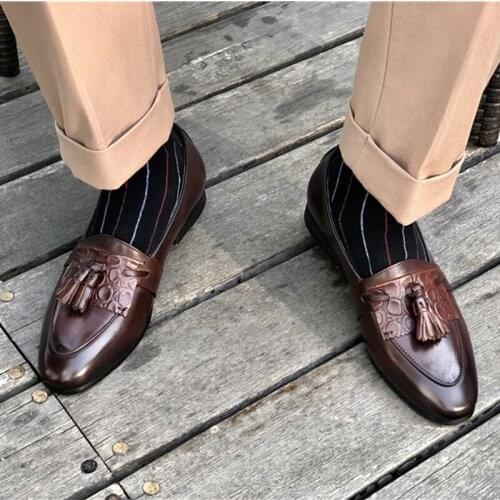 Phenkang Men Summer Genuine Leather Shoes Hair Stylist Italian Tassel Open Edge Slip On British Carved Business Casual Loafers