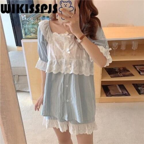 WIKISSPJS 2021 Summer New Academy Style Sweet Lace Square Collar Home Suit Two Piece Set Loungewear Lounge Sets Sleep Tops