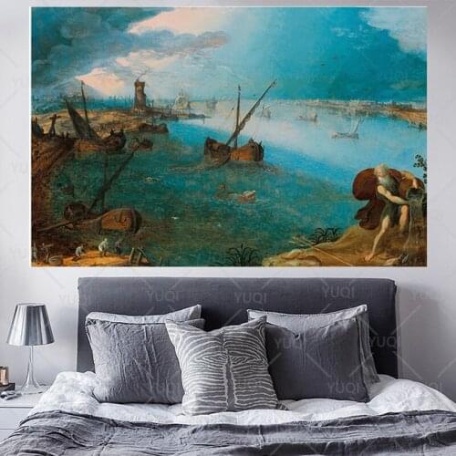 Landscape Oil Painting Ancient Europe Harbor Scene With Fishermen Posters Prints on Canvas Wall Art for Living Room Home Decor