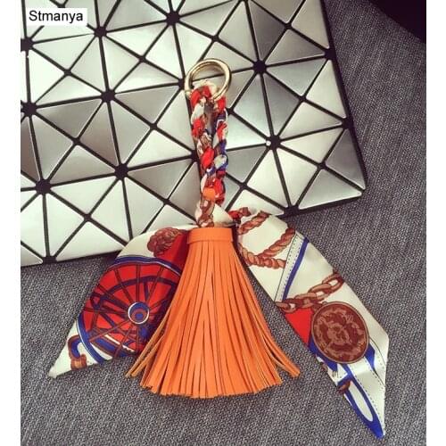 Animal Plush keychain Fashion Women pom pom Fur key chain Scarf leather tassel Fashion Phone Key Holder K1258