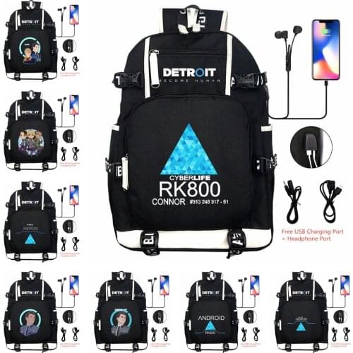 Detroit Become Human USB Backpack Men Women Travel Shoulder Laptop Bags Cartoon Teens Kids Student School Bags Bookbag Gift