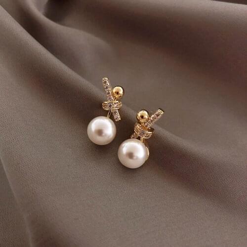 S1438 Fashion Jewelry Earrings Rhinstone Knot Faux Pearl Stud Earrings