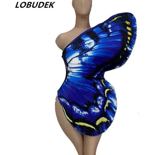 Bar Dancer Stage Wear Blue Butterfly Wings Bodysuit Role-playing Performance Clothes Halloween Rave Festival Cosplay Costume