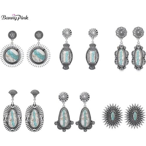 Banny Pink Indian Turquoises Earrings For Women Tribal Metal Pendant Stud Earrings Ethnic Stone Gypsy Chandelier Earrings Brinco