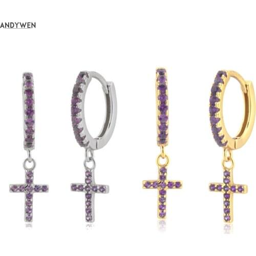 Andywen 100% 925 Sterling 8.5mm Silver Purple Cross Drop Earring Luxury Fine Circle Women Piercing Pendiente Luxury Jewelry Gift