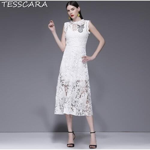 TESSCARA Women Summer Long White Lace Dress Female Wedding Party Robe Femme Vintage Designer High Quality Office Lady Vestidos