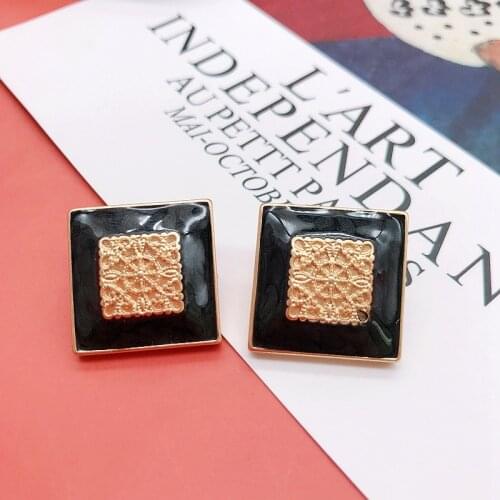 Vintage Palace Style Earrings Black Enamel Square Pattern Carving Jewelry