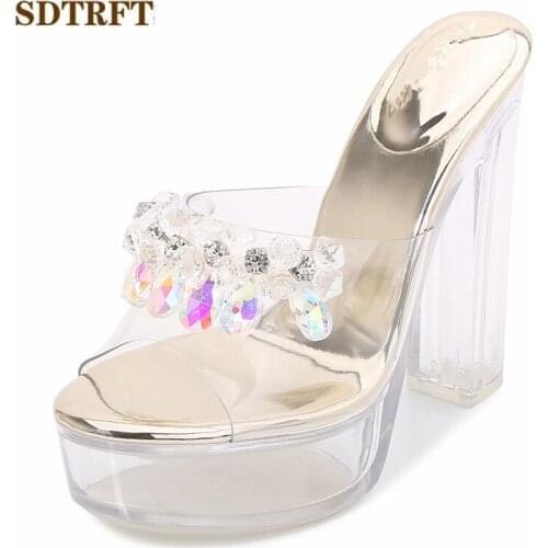 SDTRFT Summer ladies Nightclub shoes woman sandals Transparent Platform Sexy 13cm Thick High Heels Pearl diamond Cosplay Slipper