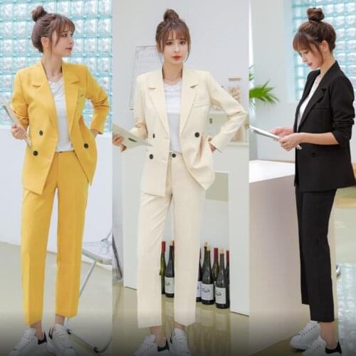 Autumn 2021 Women Bright Yellow Double Breasted Pant Suits For Women Notched Office Lady Straight Solid Blazer Set Black