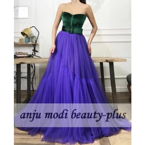 2021 Long Stapless Prom Dresses Sleeveless Velvet Tulle Formal Evening Party Ball Gown Robe De Soiree