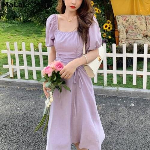 One Piece Dress Evening Party Elegant Korean 2021 Summer Beach Elegant Dress Women Puffer Sleeve Sweet Female Pure Collor Dress