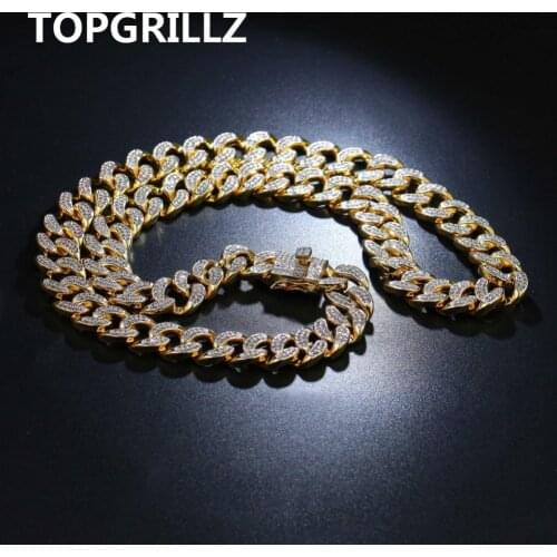 TOPGRILLZ 14mm Width 4 Sizes Mens Cuban Chain Necklace Iced Out Bling AAA+ CZ Stones Hip Hop Gold Silver Color Chain Jewelry