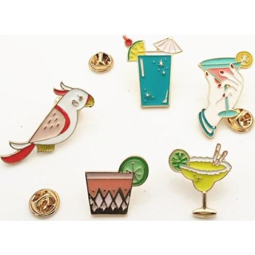 Women Kid Jewelry Gift Enamel Pin Lemon Beach Cup Drop Oil Series Summer Style Parrot Badge Brooch Jacket Badges