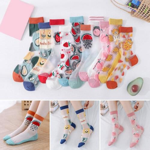 Breathable Thin Socks Women Summer Transparent Lace Socks with Fruit Print Lady Glass Silk Cotton Mesh Nylon Ankle Socks