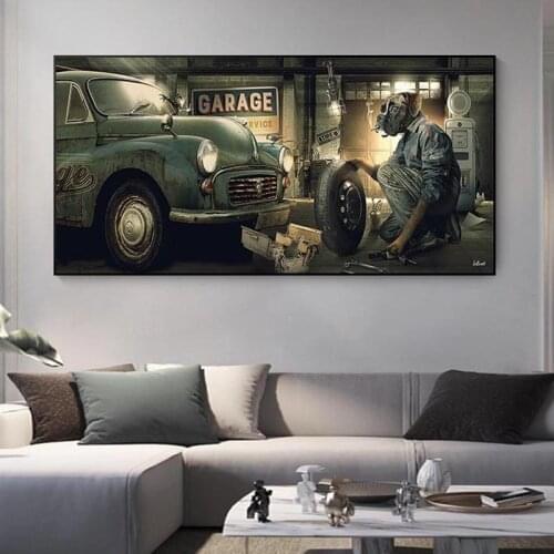 Dog Repairing The Car Pictures Print Canvas Cool Bulldog Art Posters and Prints Modern Wall Pictures for Living Room Home Decor