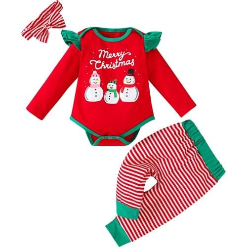 2020 Casual Newborn Baby Girls Christmas 3-piece Outfit Set Cartoon Snowman Print Romper+Striped Pants+Headband Set Cothes Set