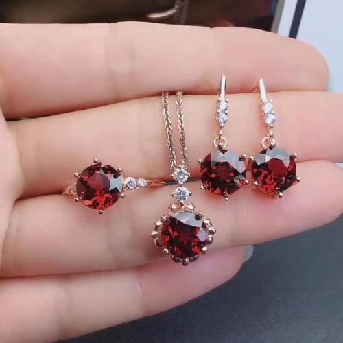 Natural Ruby Gemstone Set Ring Earrings Necklace for Women Wedding Party Gift 925 Sterling Silver Christmas Fine Jewelry Set
