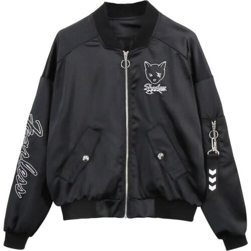Japanese Stand Collar Dark Night Cat Coat Zipper Baseball Satin Embroidered Short Section 2020 New Autumn Winter Jackets Women