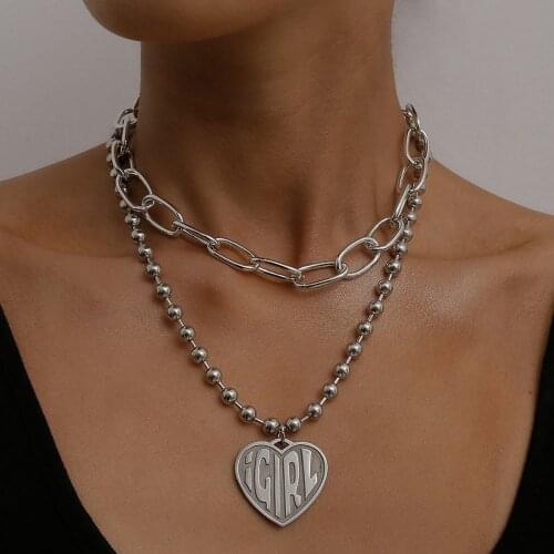 Meetvii Vintage Silver Color Women Carve Letter Heart Pendant Necklace Harajuku Female Streetwear Chain Layered Necklace Jewelry